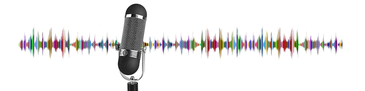 An illustration of an old style condenser  microphone with a multi colored jagged line behind in simulating a sound wave.