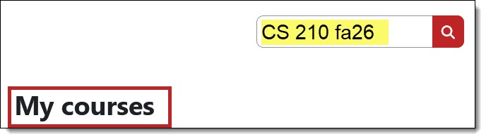 Screenshot of Search courses field from the home page with an example course entered