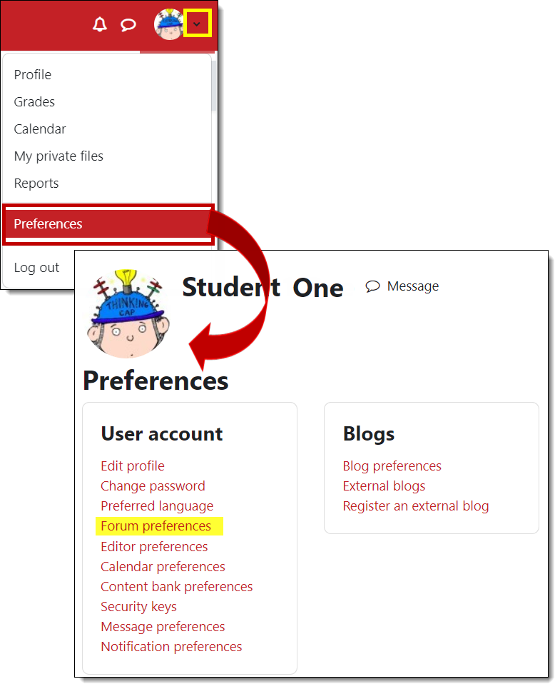 Screenshot of preferences link in user menu and forum preference option