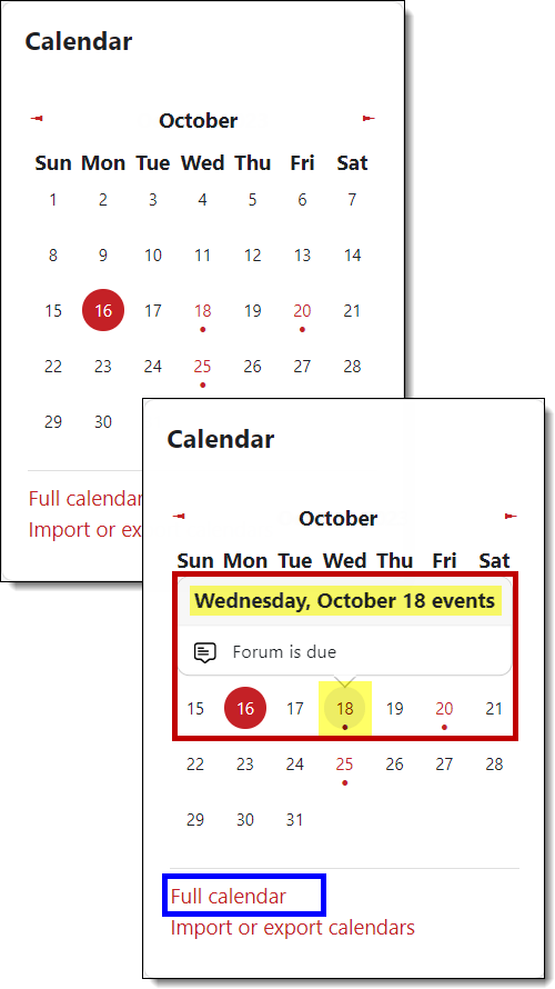 Screenshot of calendar with due dates highlighted