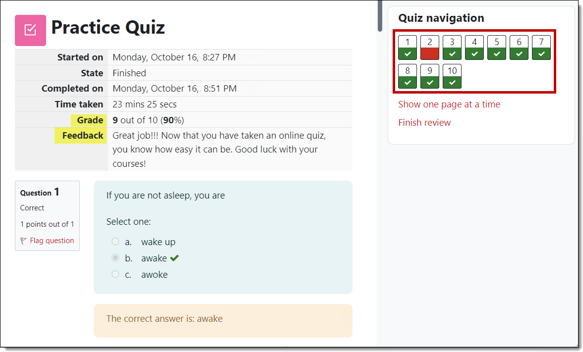 Screenshot of quiz results