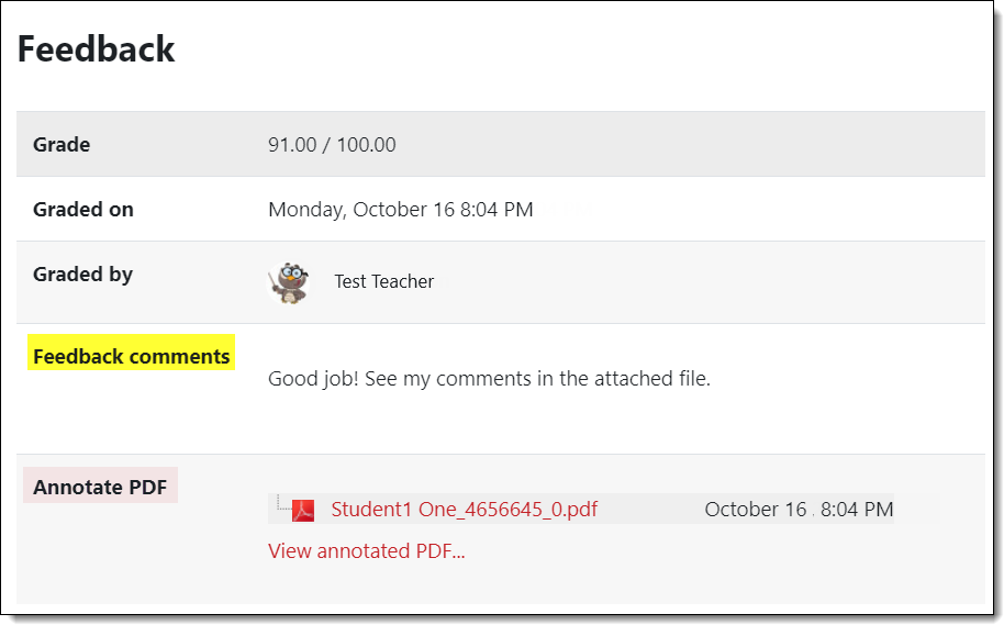 Screenshot of feedback section