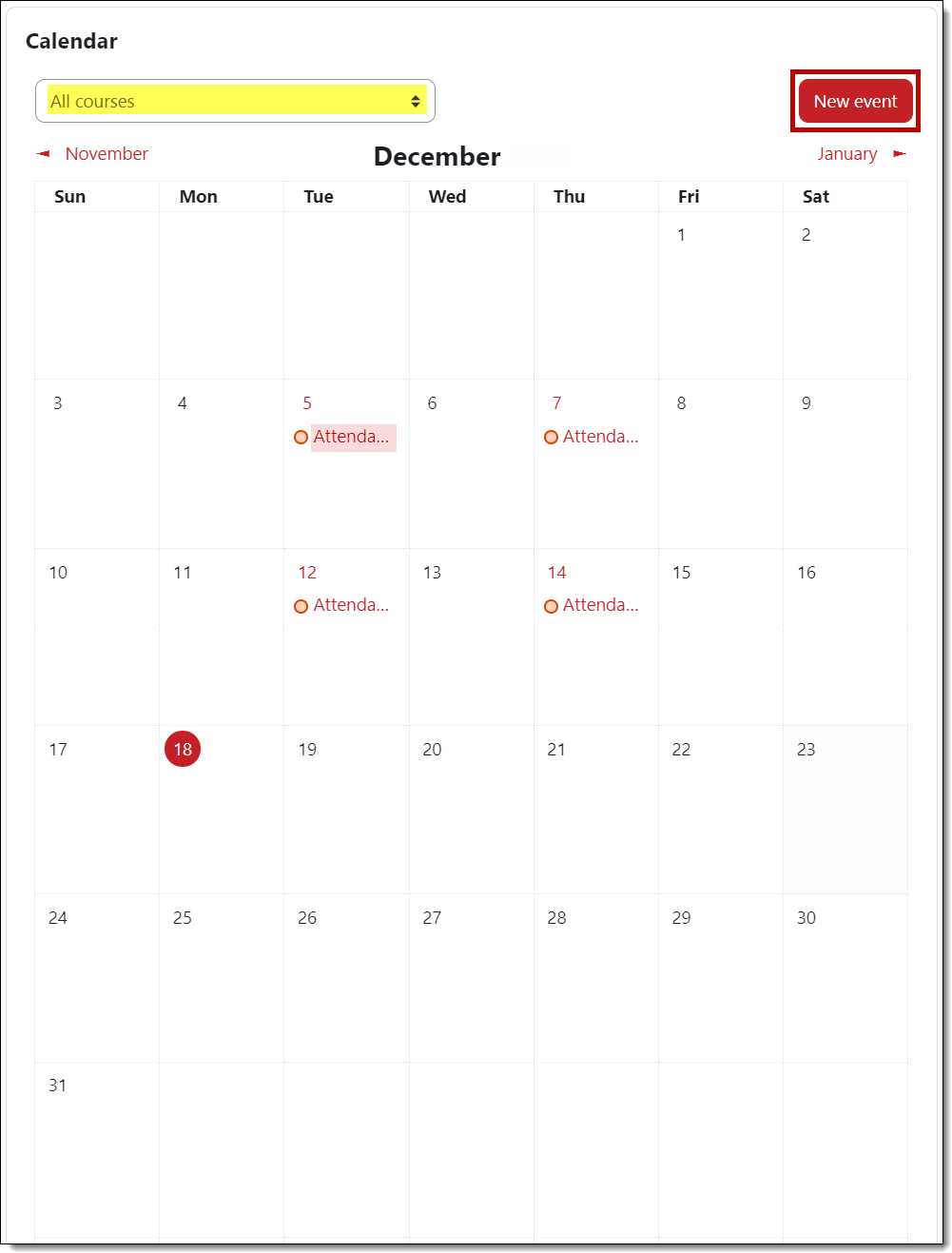 Screenshot of calendar with course selector and New event button highlighted