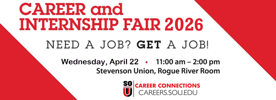 Career & internship fair 2026 Wednesday April 22, 11-2, Stevenson Union, Rogue River Room