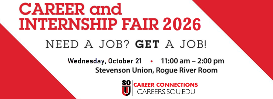 Career & internship fair 2026 Wednesday October 21, 11-2, Stevenson Union, Rogue River Room